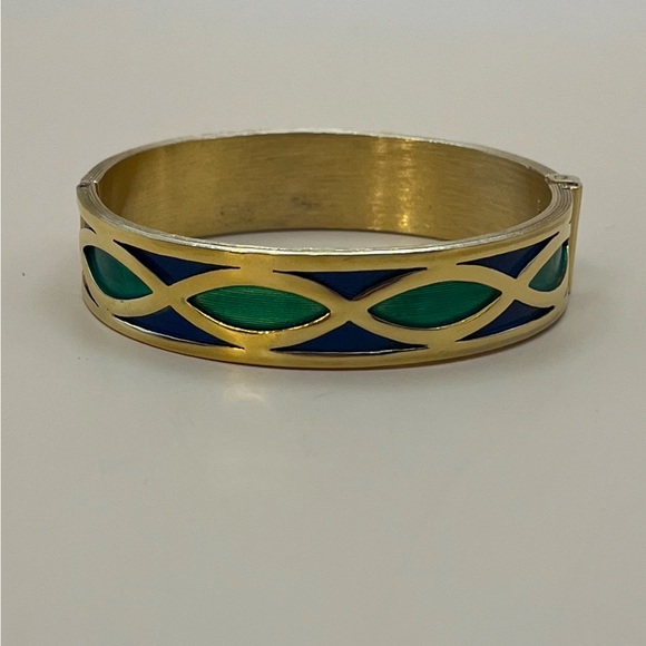4022-PTT Vintage Signed Napier Bangle  Goldtone Metal Blue & Green Geometric - Picture 1 of 13
